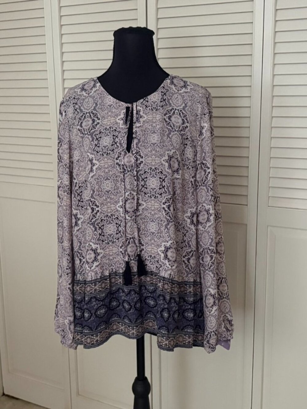 Boho Mosaic Print Peasant Top – Lavender & Indigo Whisper
